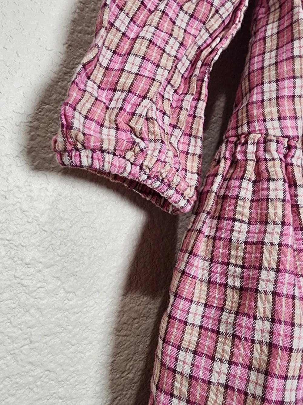 Pink Cotton Plaid Long-Sleeve Girls' Peasant Dress Cottagecore